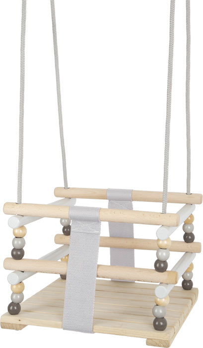 Kleinkindschaukel Indoor aus Holz Skandi mit Stoffgurten und geperlten Seiten.