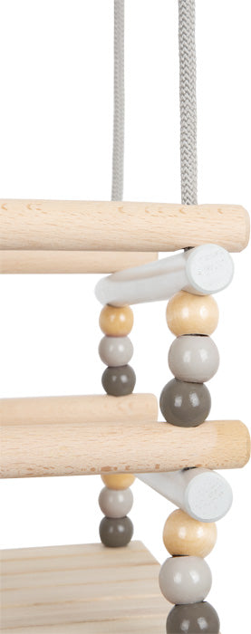 Kleinkindschaukel Indoor aus Holz Skandi mit grauen, creme braunen Perlen.