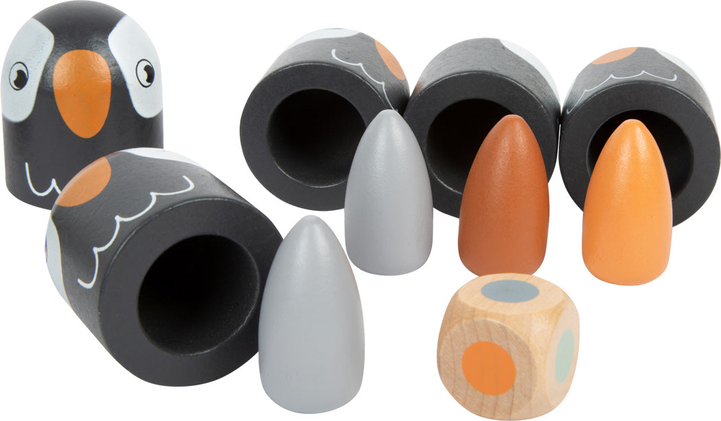 Pinguinspielzeug aus Holz mit abnehmbaren Teilen und einem Holzwürfel in Schwarz, Grau, Weiß und Orange – perfekt für ein Farben-Memo oder Gedächtnisspiel-Gesellschaftsspiel, das das Gedächtnis und die Farberkennung herausfordert.