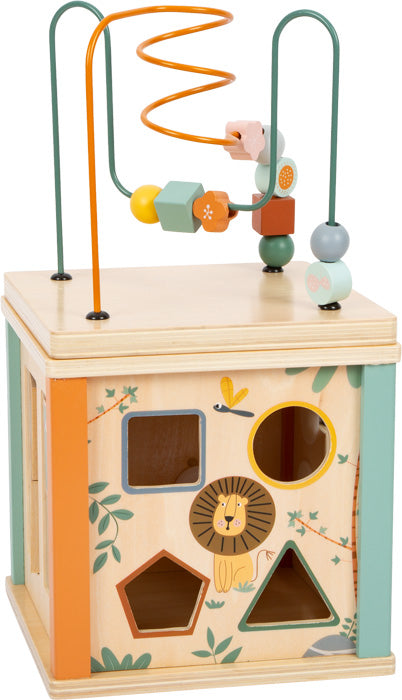 Safari-Tiere zieren diese Motorikwürfel mit Bead Maze und Formsortierer, der die Feinmotorik fördert und mit Tier- und Naturmotiven gestaltet ist.