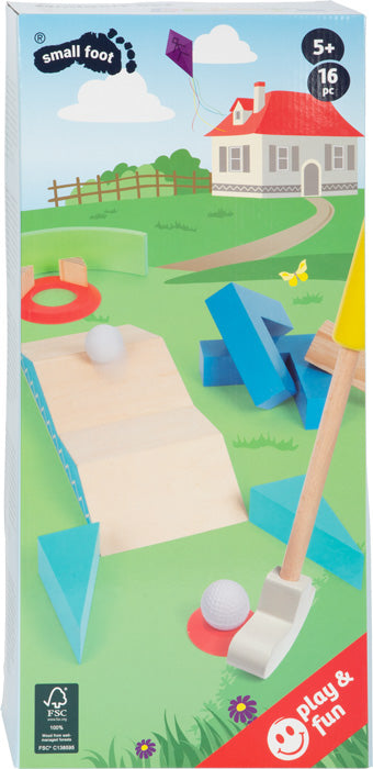 Minigolf-Set für Kinder "Active" aus FSC-zertifiziertem Holz mit Hausmotiv.