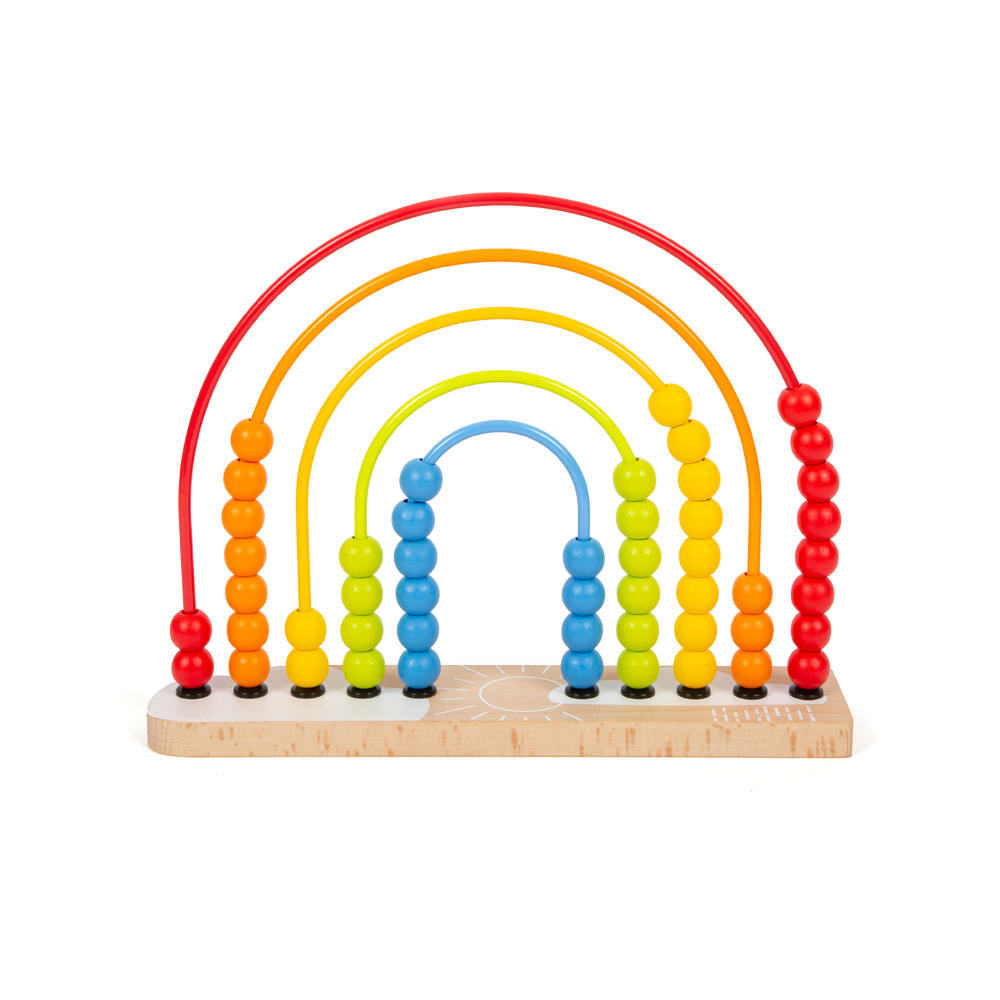 Bunte Motorikschleife aus Holzperlenlabyrinth mit fünf Regenbogenbögen und Reihen farblich passender Perlen auf einem Holzsockel – perfekt als Lernspielzeug oder verspielte Kinderzimmerdekoration.