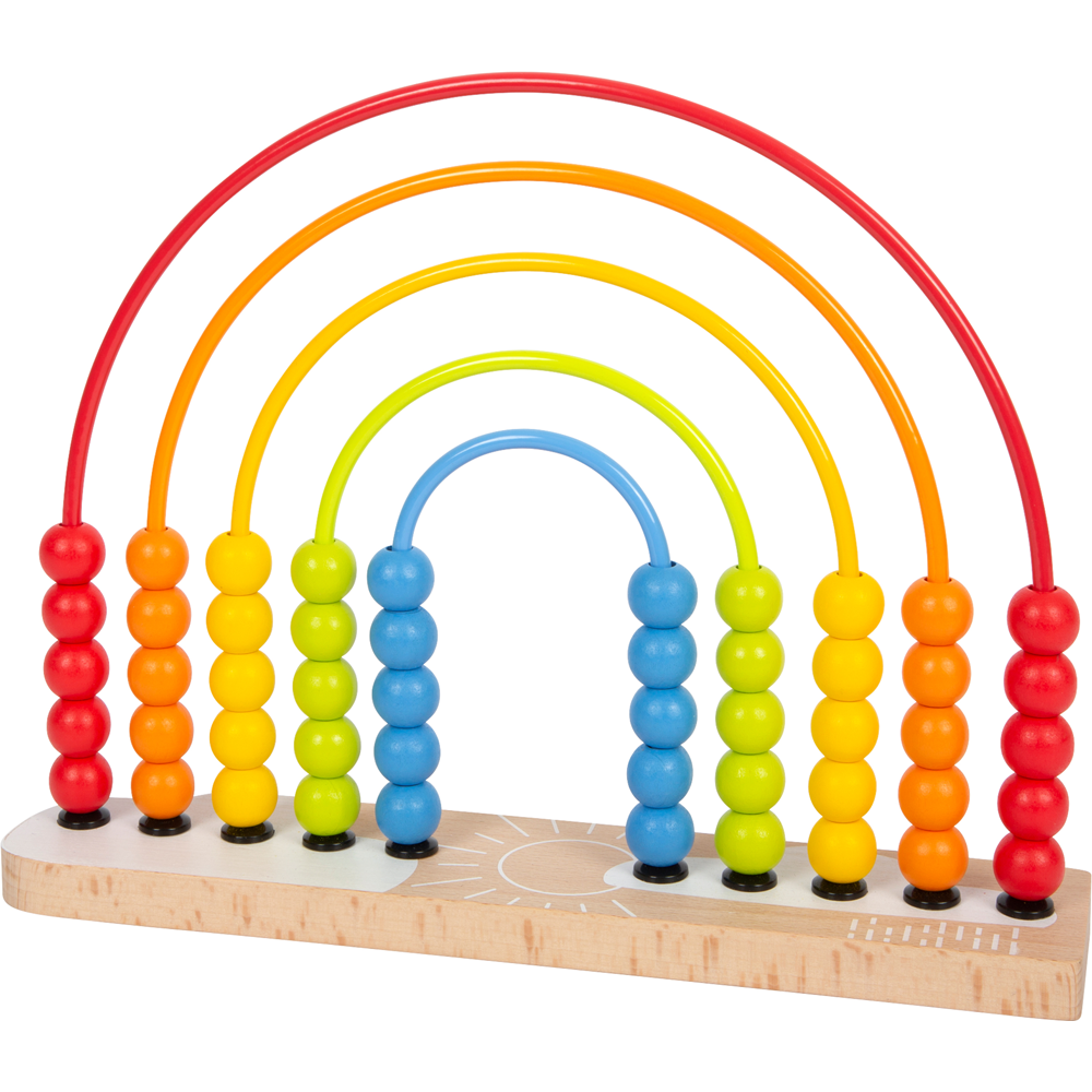 Bunter Holzabakus mit Regenbogenbögen und Reihen aus roten, orangefarbenen, gelben, grünen und blauen Perlen – eine bezaubernde Motorikschleife und Lernspielzeug, ideal für die Kinderzimmerdekoration.