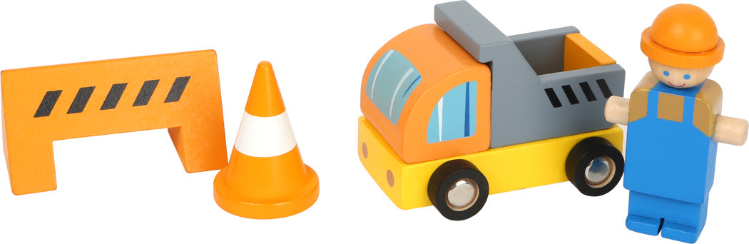 Holzspielzeug-Bausatz aus Holz mit Absperrung, Verkehrsleitkegel, Muldenkipper und Arbeiter mit orangefarbenem Bauhelm – perfekt für kreative Rollenspiel-Abenteuer.