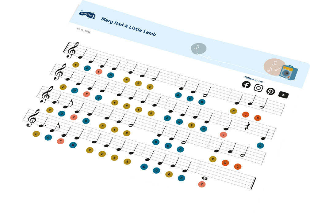 Bunte Notenblätter für „Mary Had a Little Lamb“ mit in Kreisen markierten Noten auf einem gedrehten weißen Hintergrund, ideal zum Unterrichten von Rhythmus- und Taktgefühl oder zum Kombinieren mit Aktivitäten mit farbcodierten Klangstäben und Holz-Xylophon.