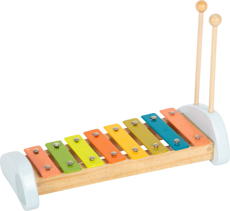 Buntes Holz-Xylophon mit farbcodierten Klangstäben und zwei Holzschlägeln auf Holzsockel, perfekt zur Entwicklung von Rhythmus- und Taktgefühl bei Kindern.