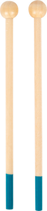 Zwei Holzschlägel mit runden Köpfen und türkisfarbenen Griffen, perfekt zum Erkunden von Klang-Erfahrungen auf einem Xylophon, stehen aufrecht nebeneinander.