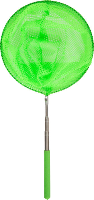 Ein grünes Maschennetz mit rundem Rahmen und Teleskopstiel, perfekt als Entdeckerspielzeug zum Fangen kleiner Gegenstände auf Abenteuertouren.