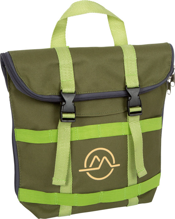 Olivgrüner Rucksack mit hellgrünen Riemen, schwarzen Schnallen und einem Berglogo auf der Vorderseite – perfekt für Abenteuertouren oder zum Transport Ihres Entdeckerspielzeugs.