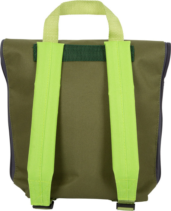Ein grüner Rucksack mit leuchtend gelben Trägern von hinten, perfekt für Abenteuertouren.