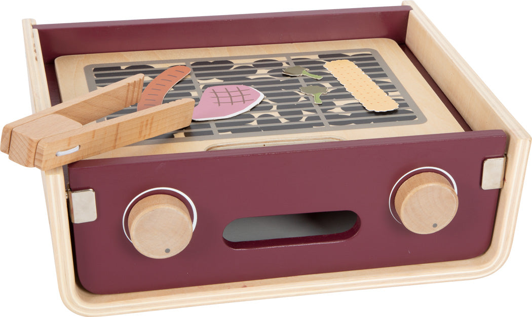 Holzspielzeuggrill mit Knöpfen, Zange und Spiel-Essensstücken – perfekt für fantasievolles Spielen der Kinder als multifunktionale Spielküche oder tragbare Campingkoffer-Kinder-Küche.