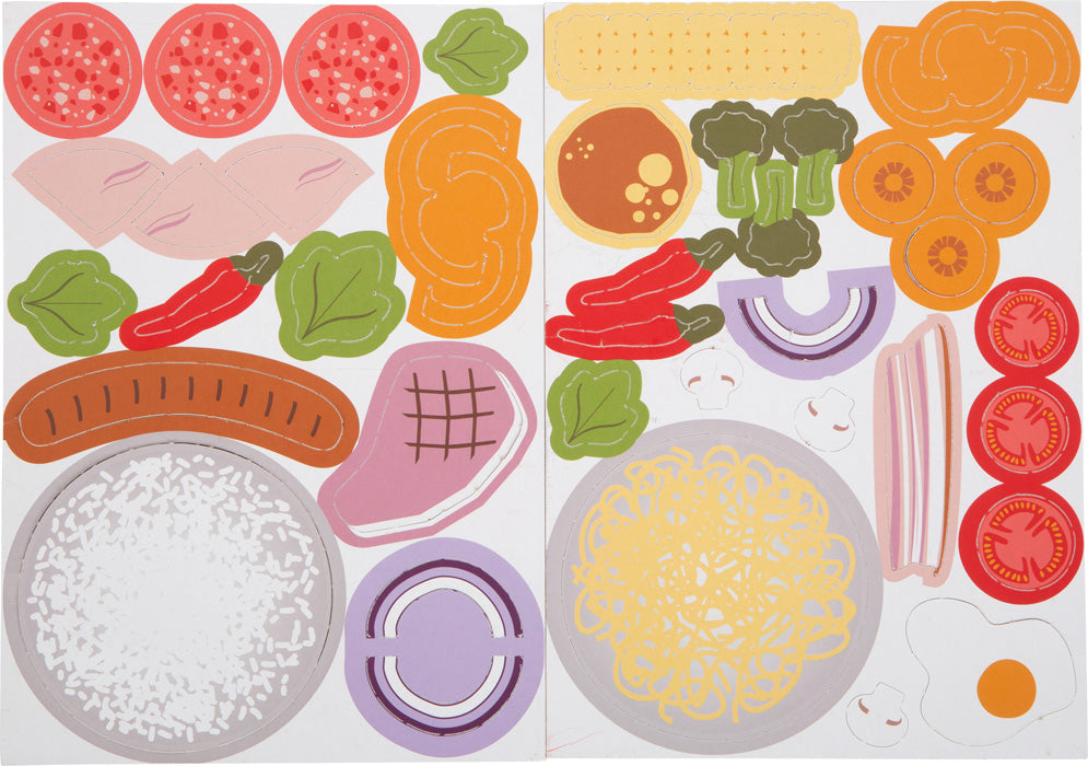 Bunte ausgeschnittene Illustrationen verschiedener Lebensmittel, darunter Gemüse, Fleisch, Reis, Nudeln und ein Ei auf weißem Hintergrund – perfekt für eine Kinderküche oder multifunktionale Spielküche.