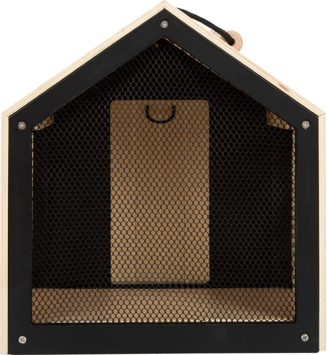 Hasenstall aus Holz in Form eines Hauses mit schwarzer Netzfront und einem Griff oben – perfekt für Ihren Kuschelhasen oder Ihr Plüschkaninchen.