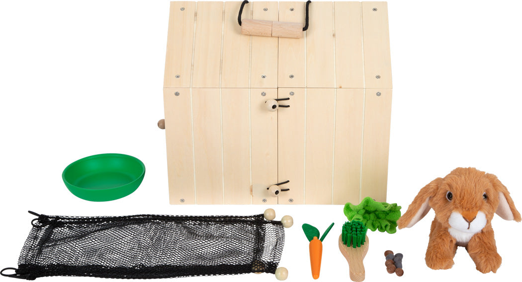 Holz-Tiertransportbox-Set mit Plüschkaninchen, grünem Napf, Netz, Spielzeugkarotte, Salat, Bürste und Holzutensilien – perfekt für den Hasenstall-Spielspaß.