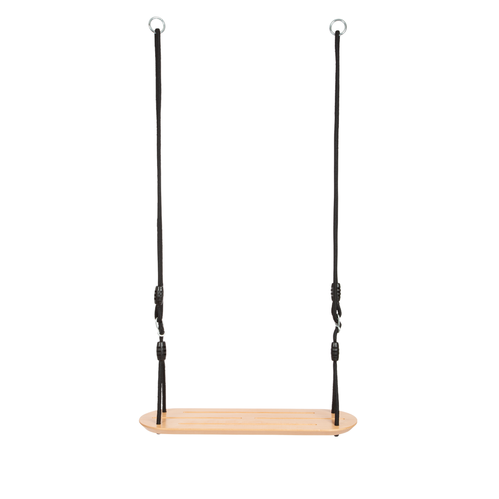 Eine Vollholz-Brettschaukel mit schwarzem Seil, ideal als Outdoor-Schaukel, hängt vor weißem Hintergrund.