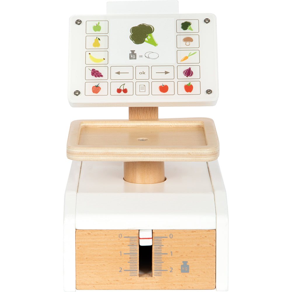 Eine Spielzeug-Registrierkasse aus Holz mit einem Display, das verschiedene Obst- und Gemüsesorten als Knöpfe anzeigt, perfekt als Kaufladen-Zubehör oder zur Ergänzung Ihrer Sammlung an Spiellebensmitteln.