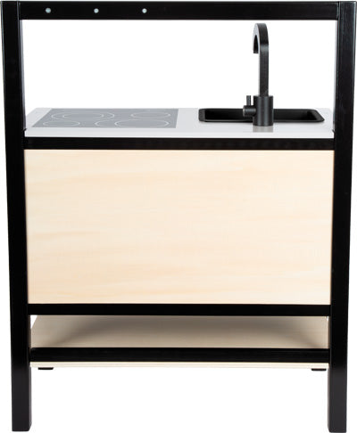 Kinder-Spielküchen-Set mit schwarzem Rahmen, Herdplatte, Spüle und Unterregal – eine stilvolle Ergänzung für kleine Kinderköche zum Fantasieren, Kochen und Spielen.