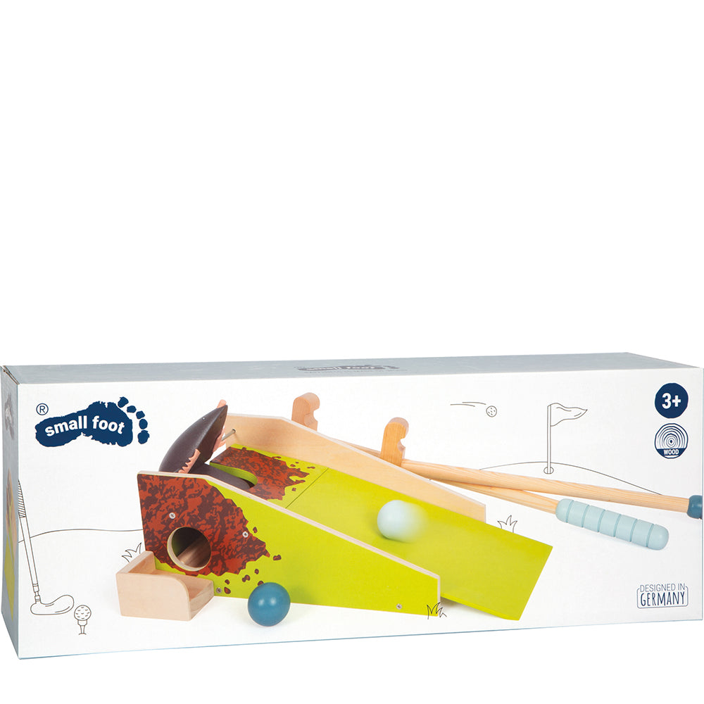 Schachtel mit einem Holz-Minigolf-Set für Kinder, auf der Verpackung sind Schläger, Bälle und Rampe abgebildet.