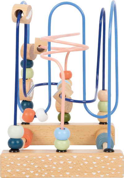 Motorikspielzeug aus Holzperlenlabyrinth mit bunten Perlen auf Drahtschleifen, zur Verbesserung der Hand-Augen-Koordination konzipiert und auf einem stabilen Holzsockel montiert.