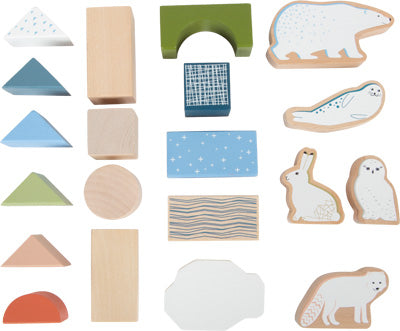 Tier-, Form- und Musterblöcke aus Holz in verschiedenen Farben, mit arktischen Tierfiguren wie Eisbär, Robbe, Hase und Eule. Dieses Holzbaustein-Set eignet sich perfekt als motorisches Spielzeug für kreatives Spielen.