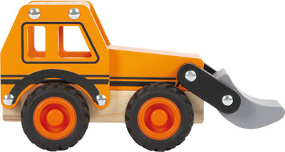 A Holz Bagger für das Kinderzimmer: Dieser hölzerne Bulldozer mit orange-schwarzen Details und vier schwarzen Rädern ist perfekt zum Spielen.