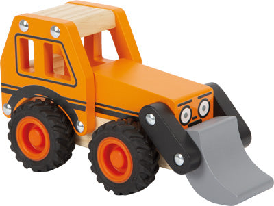 Orangefarbener Bagger-Bulldozer mit schwarzen Rädern und grauer Schaufel und einem freundlichen Gesicht auf der Vorderseite – perfekt für Holzböden in jedem Kinderzimmer.