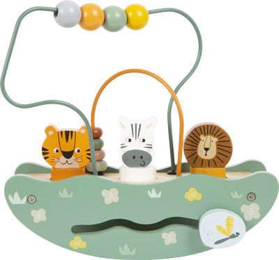 Motorikspielzeug aus Holz mit Tiger, Zebra, Löwe, Perlenlabyrinth und verschiebbarer Biene auf grünem Sockel mit Blumen – perfekt für die Entwicklung feinmotorischer Fähigkeiten.