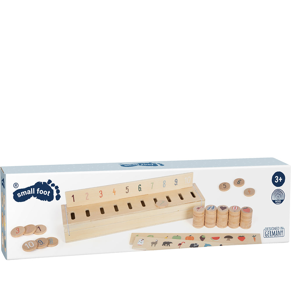 Lernspielzeug-Set aus Holz mit nummerierten Schlitzen und Scheiben, konzipiert für Kinder ab 3 Jahren, ideal zur Wortschatzerweiterung und Verbesserung der feinmotorischen Fähigkeiten.