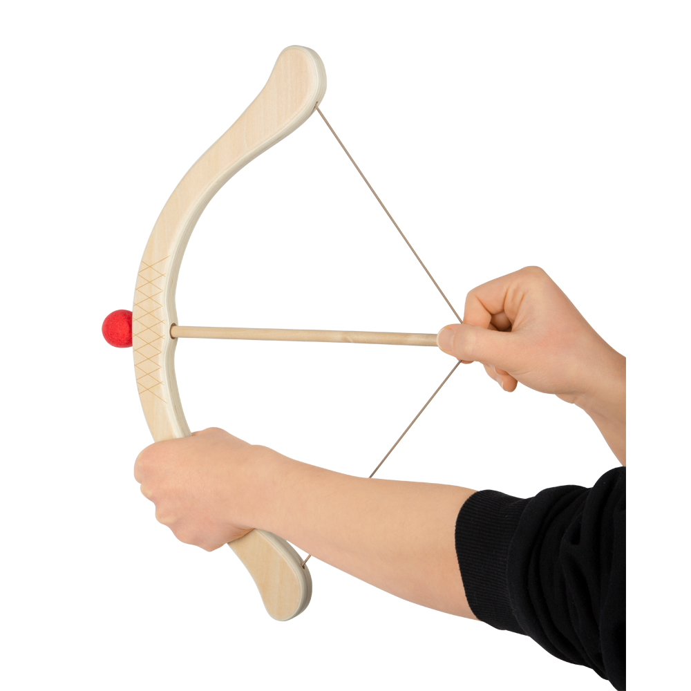 Hände, die einen Pfeil und Bogen für Kinder mit einem Pfeil mit roter Spitze zurückziehen.