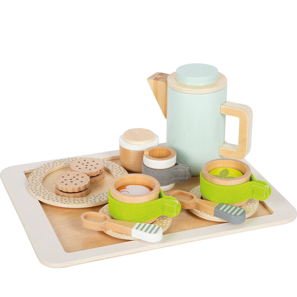 Hochwertig gestaltetes Kaffee- und Tee-Spielset aus Holz mit Tassen, Untertassen, Löffeln, Teekanne, Keksen und Tablett in sanften Farben – perfekt für fantasievolles Rollenspiel.
