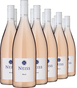 Sechs Flaschen Rosé 1,0 l mit weißem Verschluss und hellrosa Flüssigkeit, in zwei Reihen angeordnet.