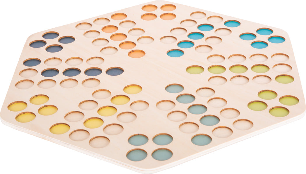 Ludo Brettspiel für 6 Spieler aus Holz mit Murmeln am Rand.