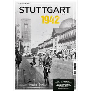 Ein altes Foto aus der Zeitungsserie zeigt Stuttgart im Jahr 1942 mit Menschen, die mit dem Fahrrad oder zu Fuß eine belebte Straße entlangfahren.