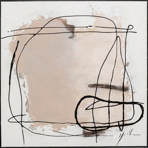 Abstrakte Kunst mit sich kreuzenden schwarzen Linien auf einem strukturierten beigen und weißen Hintergrund. Dieses handgemalte Leinwandbild verleiht jedem Raum modernes Flair und Eleganz.