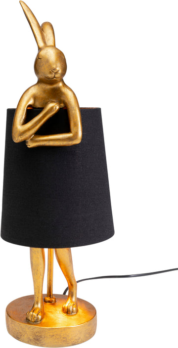 Gold Häschen-Leuchte mit schwarzem Schirm – der skulpturale Eyecatcher setzt stilvolle Lichtakzente, während das dekorative Kaninchen die Lampe auf einem runden Sockel hält.