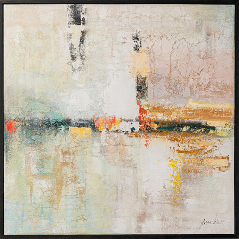 Abstraktes Bild mit strukturierten Pinselstrichen in Weiß, Beige, Gold und Orange sowie subtilen schwarzen Akzenten – ein modernes Wandbild mit Galerie-Charakter.