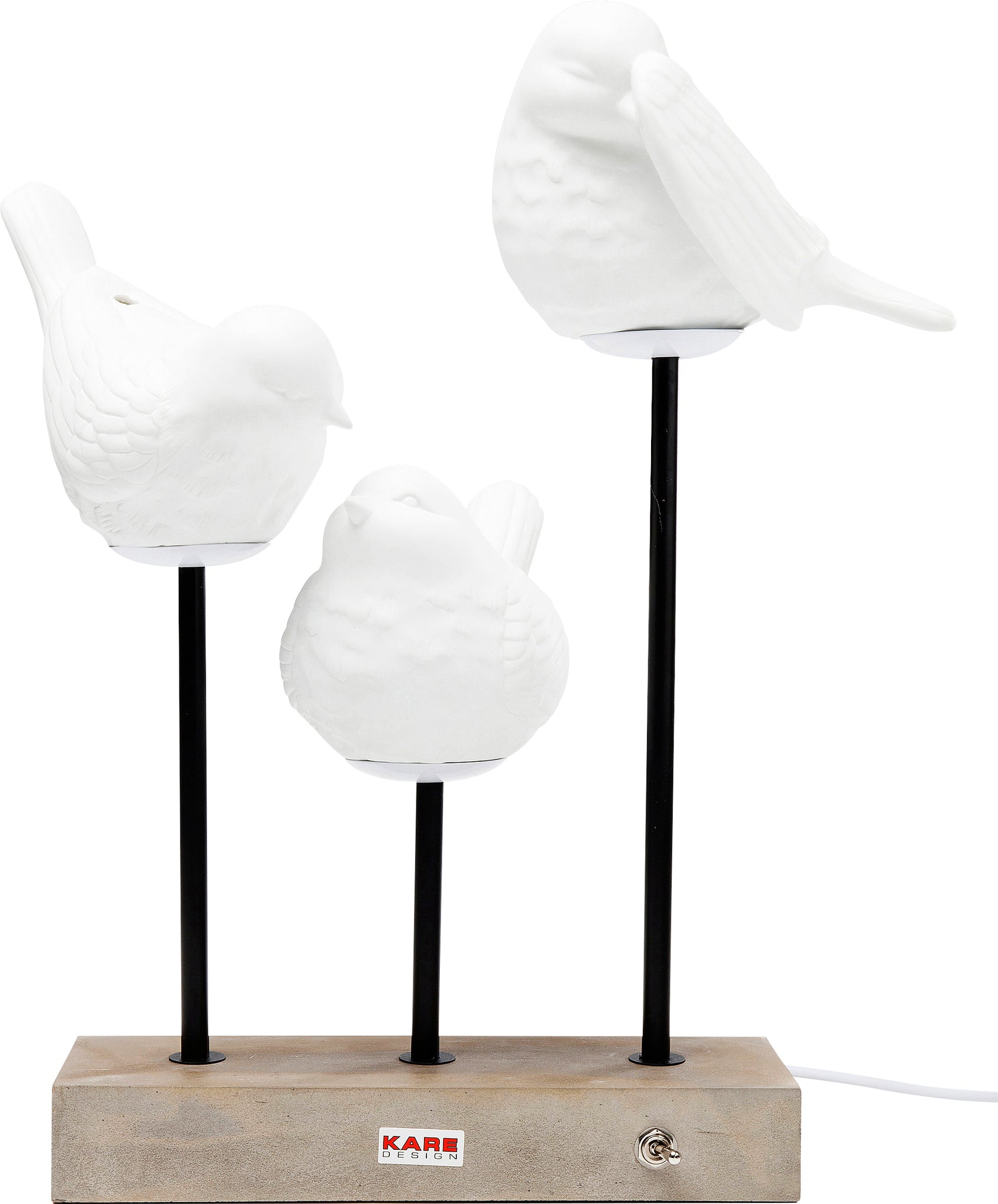 Drei weiße Vogelfiguren aus Keramik sitzen auf schwarzen Stäben auf einem rechteckigen Holzsockel mit Schalter und kombinieren elegantes Design mit Funktionalität – perfekt als einzigartige Tischlampe.