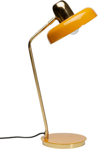 Gelb-goldene Retro-Tischleuchte mit gebogenem Stiel und rundem Sockel, angeschlossen mit einem schwarzen Kabel. Passend für Leuchte E27-Glühbirnen für modernen Stil und klassischen Charme.