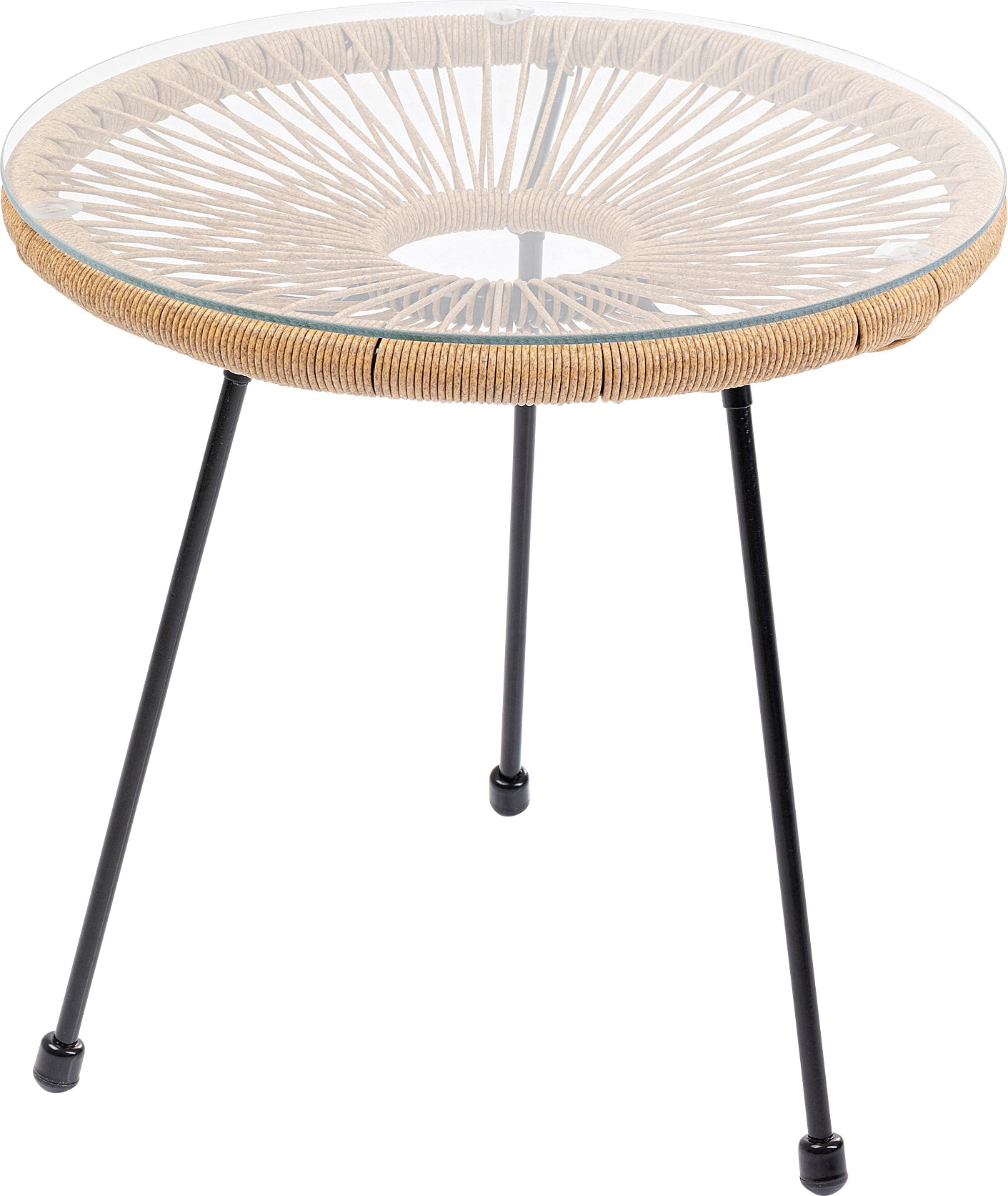 Runder Tisch mit Sicherheitsglasplatte, umgeben von einem stilvollen Wicker-Rand und drei schwarzen Metallbeinen – perfekt kombinierbar mit Acapulco-Stühlen, vor weißem Hintergrund präsentiert.