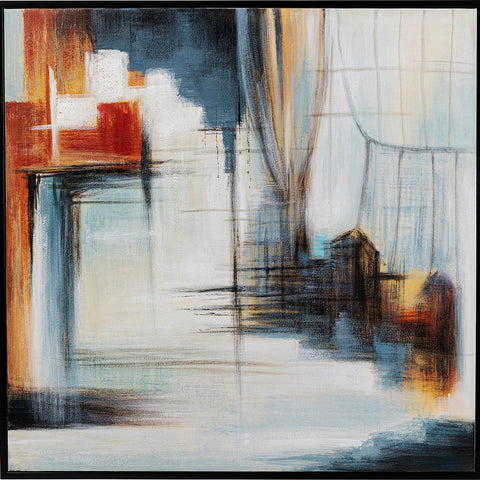 Abstrakte Malerei mit kräftigen Pinselstrichen in Blau, Orange, Weiß und Schwarz schafft eine dynamische, moderne Komposition – ein einzigartiges handgemaltes Wandbild im Stil von Visione Front für ein faszinierendes abstraktes Design.