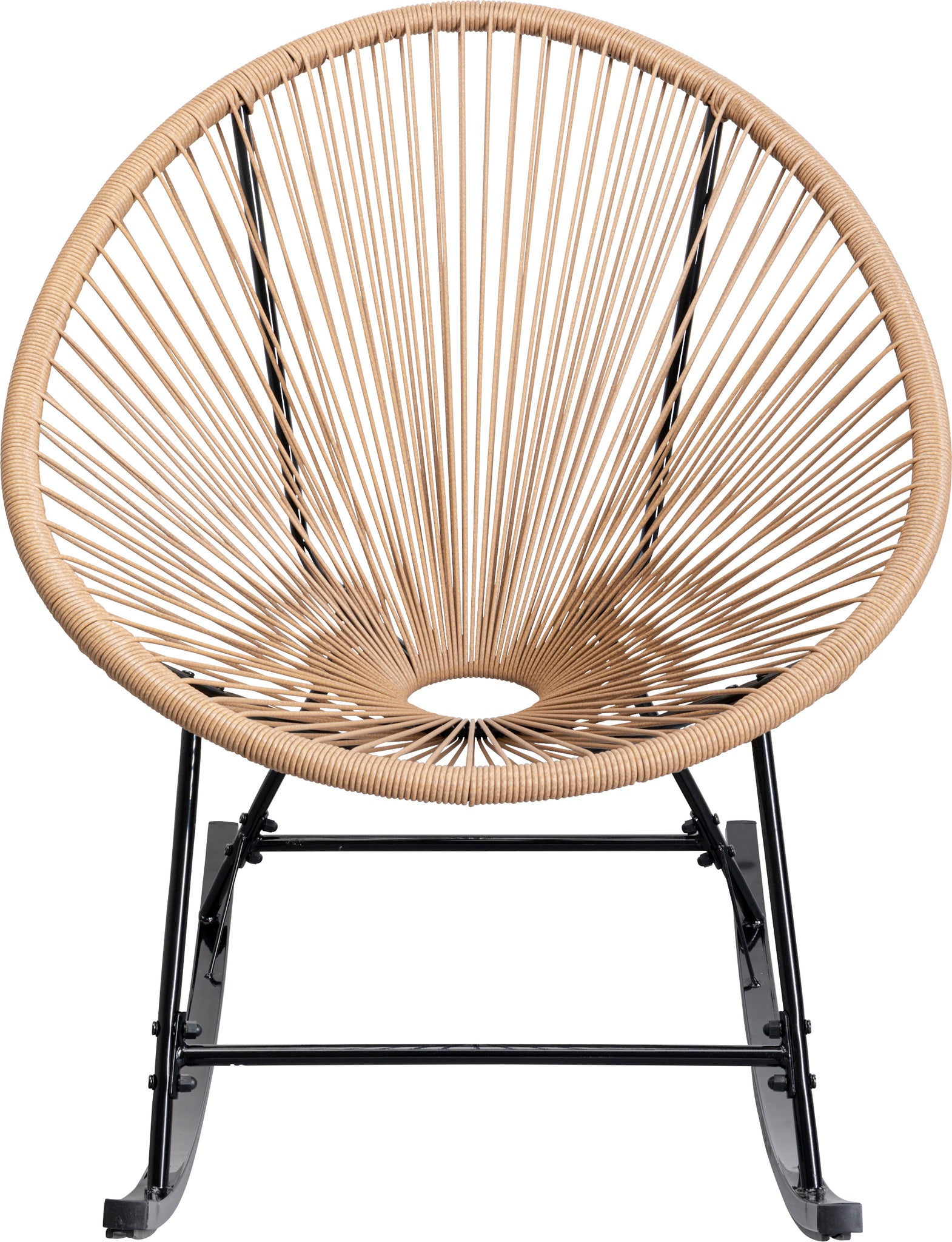 Runder, geflochtener Rattan-Outdoor-Stuhl mit schwarzem Metallgestell im klassischen Acapulco-Design, von vorne betrachtet.