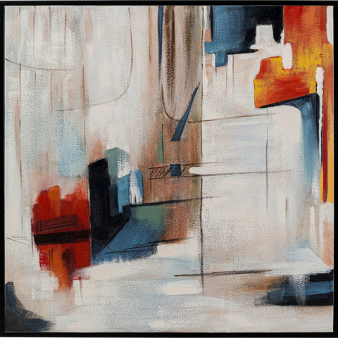 Abstraktes Gemälde mit kräftigen Blöcken in Rot, Blau, Gelb und Schwarz auf einem strukturierten weißen und beigen Hintergrund – ein abstraktes Design, das die Energie eines handgemalten Kunstwerks einfängt.