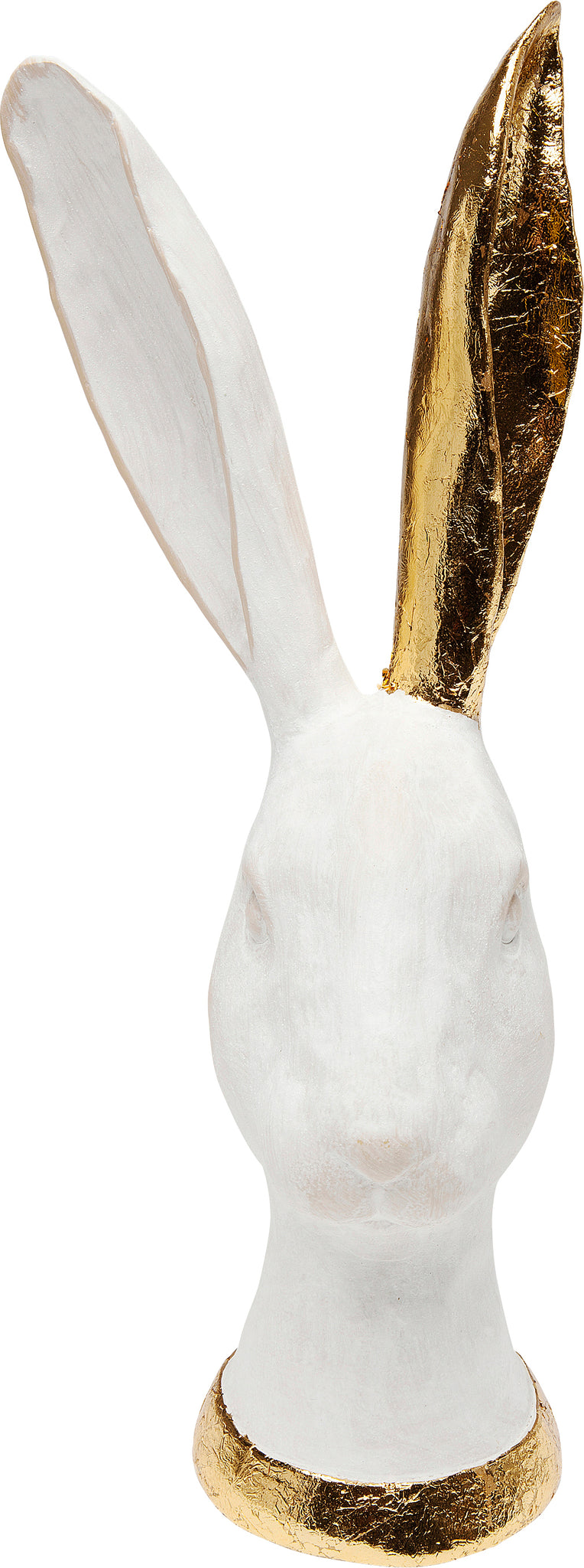 Weiße Hasenskulptur mit einem goldenen Ohr und goldenen Akzenten um den Sockel, mit einem charmanten Vintage-Effekt – perfekt als einzigartige Hasenbüste für Ihre Tischdeko auf einem schlichten Hintergrund.