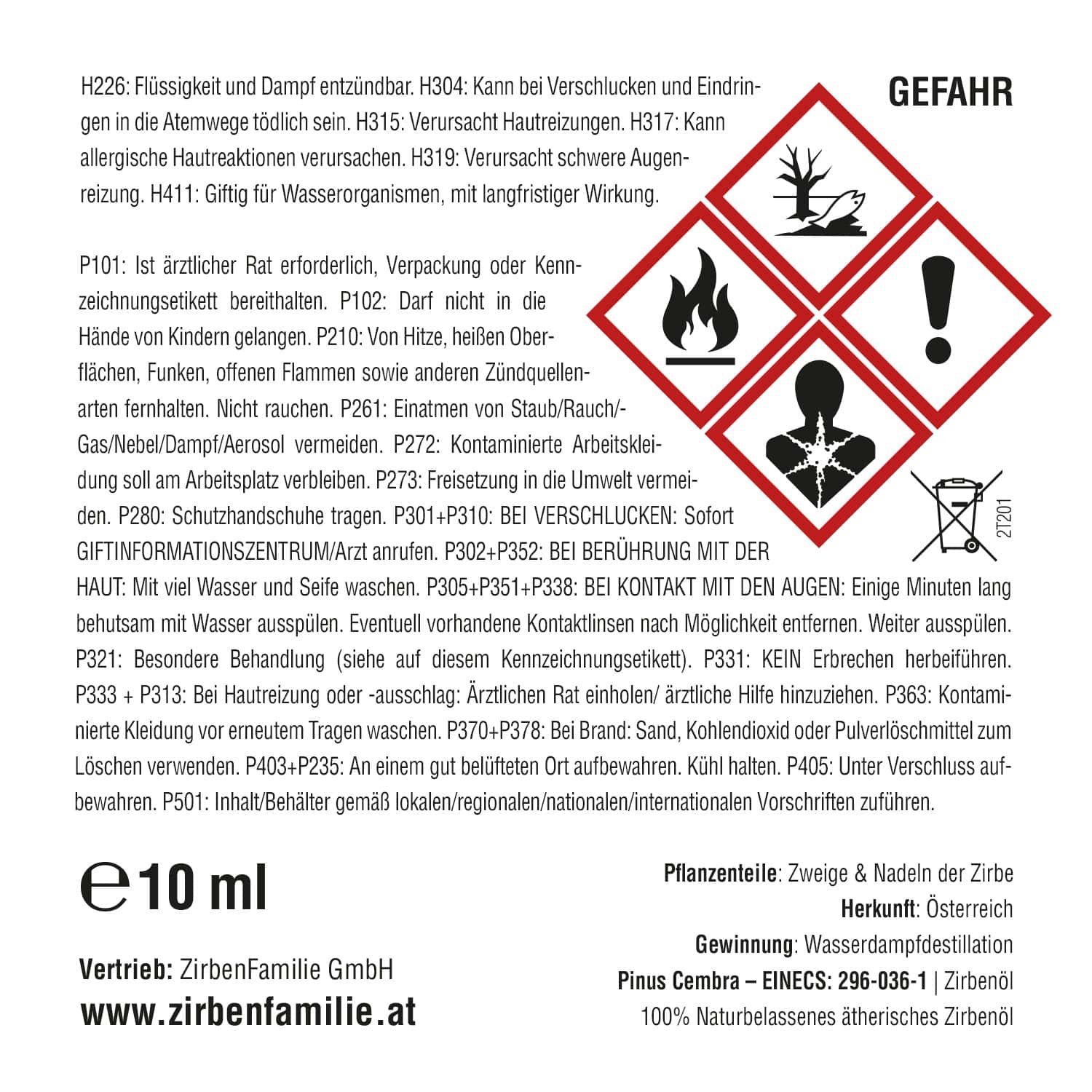 Deutsche Gefahrensymbole und Warnhinweise für Zirbenöl 10 ml Kiefernöl.