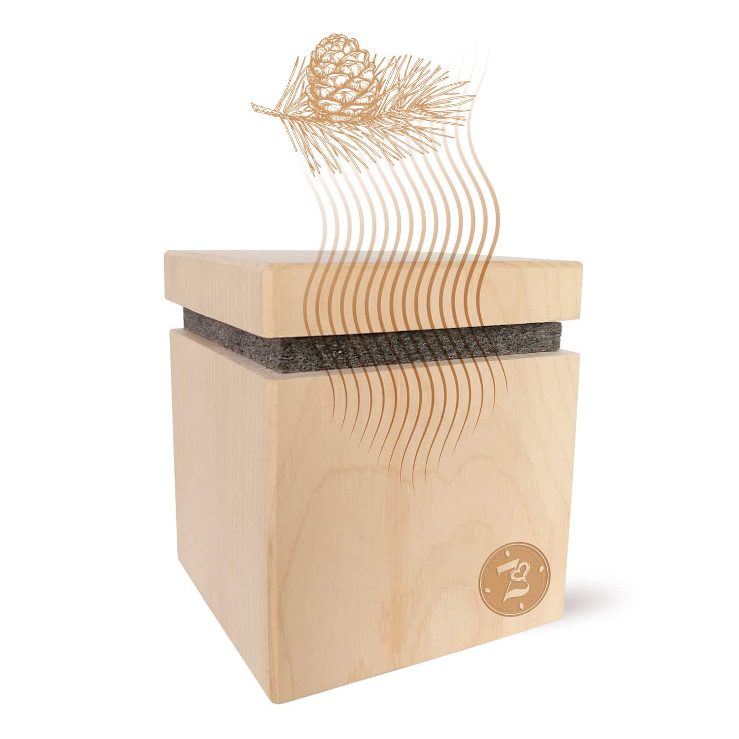 Zirbenwürfel-Set Premium-Edition verströmt Tannenduft, dargestellt mit Tannenzapfen und Wellen.