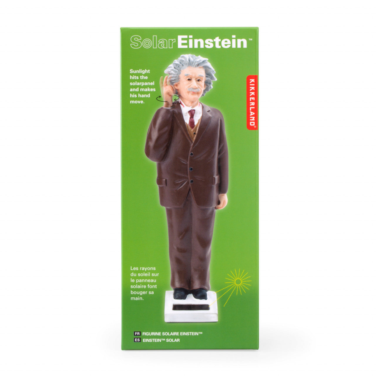 Box mit einer sammelbaren Figur Solar-Einstein, angetrieben durch Solarantrieb – sehen Sie zu, wie er seine Hand bewegt, wenn Sonnenlicht auf das Solarpanel trifft.