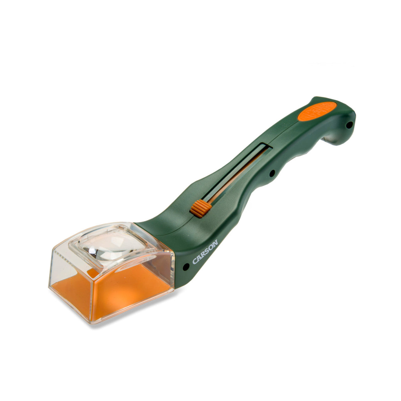 Grün-orange Handlupe mit rechteckiger Acrylglas-Lupe und ergonomischem Griff, beschriftet mit CARSON – perfekt für junge Insektensammler.