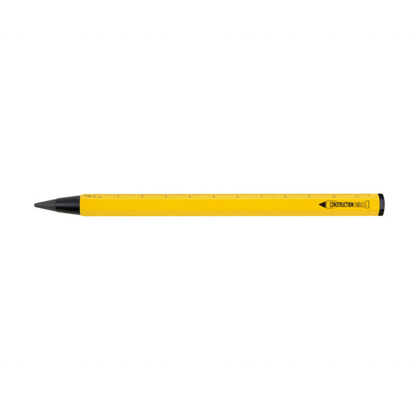 Ein gelber Stift mit schwarzer Spitze, aufgedruckten BAUREGELN am Ende und einem unverwechselbaren BAU-Look – perfekt für Fans des Multitasking-Bleistifts.