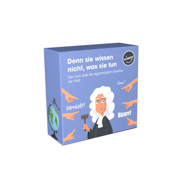 Lila Quizspielbox mit einem Cartoon-Richter, zeigenden Händen und deutschem Text über skurrile Gesetze – entdecken Sie diese lustige Quiz-Sammlung mit verrückten Gesetzen aus aller Welt.
