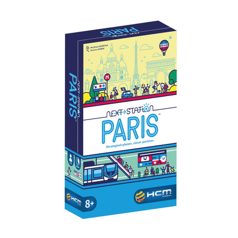 Box of Next Station: Pariser Brettspiel mit farbenfrohen Stadtillustrationen und Symbolen, inspiriert von der Pariser U-Bahn. Als Teil der Flip&Write-Serie fördert es strategische Fähigkeiten und wird für Kinder ab 8 Jahren empfohlen.